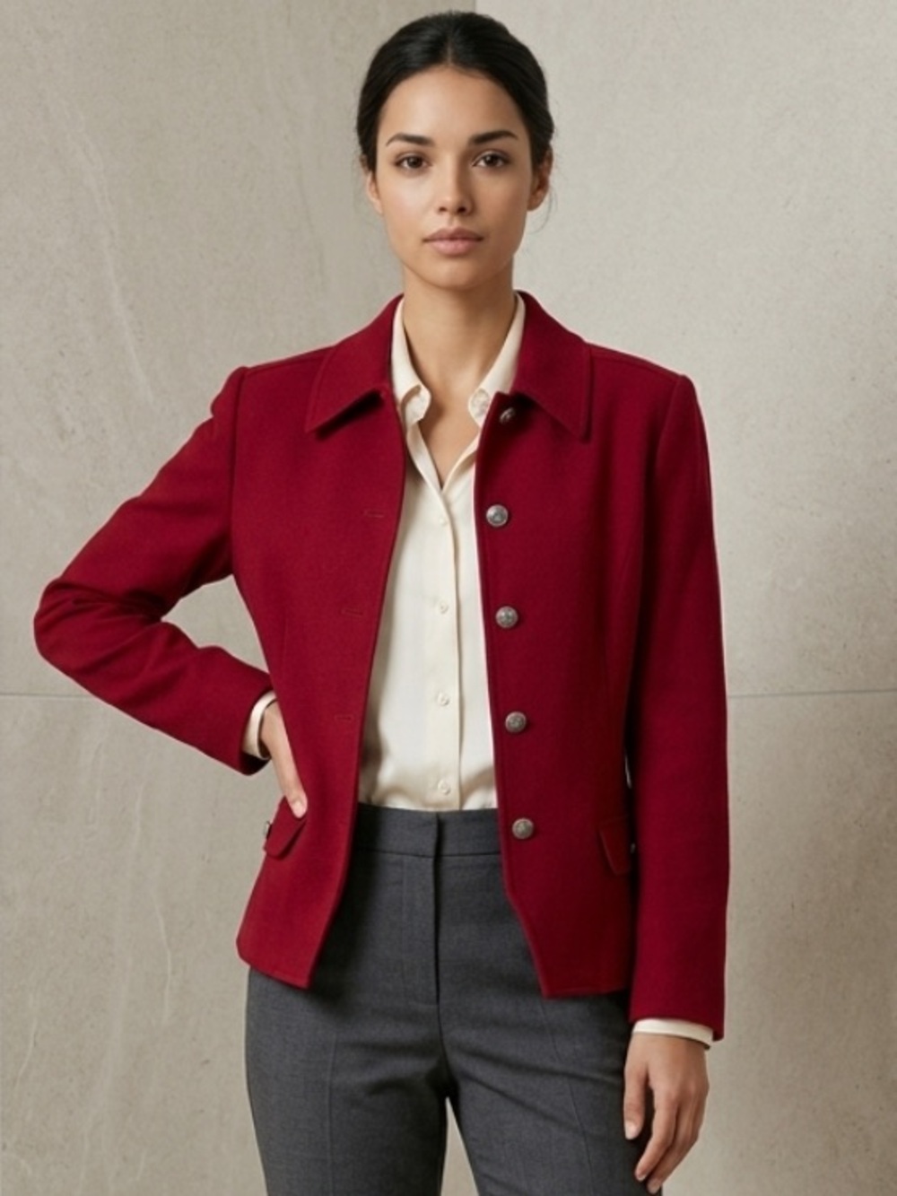 J MCLAUGHLIN Vtg Red Blazer Wool Classic Collar Button Lined Career Jacket
